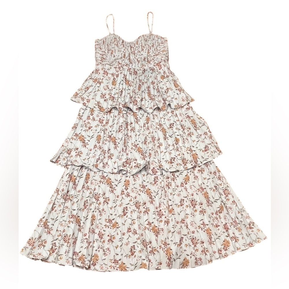 Lulus Cascading Crush Pale Blue Floral Print Tiered Bustier Midi Dress-Small - Picture 5 of 16